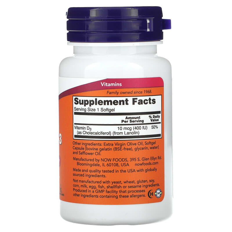 NOW Foods, Vitamin D-3, 400 IU, 180 Softgels