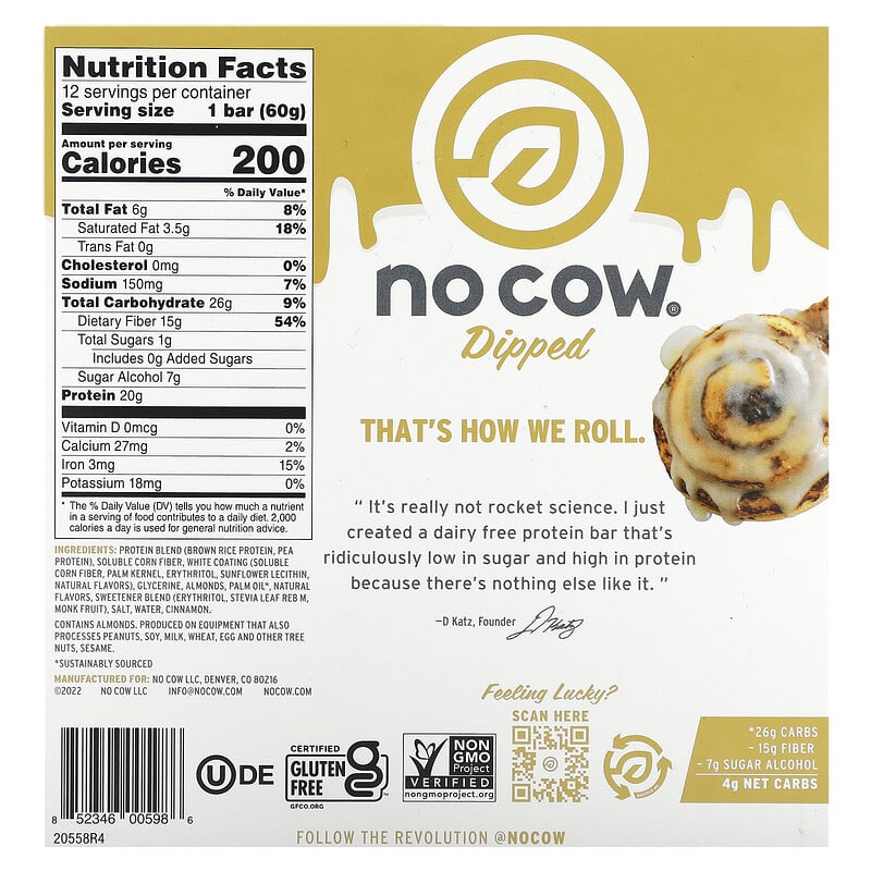 No Cow, Dipped Protein Bar, Sticky Cinnamon Roll, 12 Bars, 2.12 oz (60 g) Each