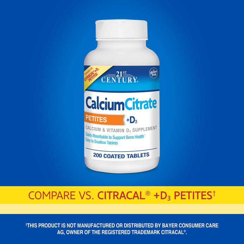 21st Century, Calcium Citrate Petites + D3, 200 Coated Tablets