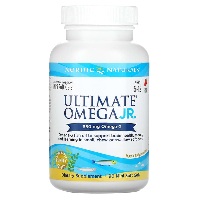 Nordic Naturals, Ultimate Omega Junior, Ages 6-12, Strawberry, 340 mg, 90 Mini Soft Gels