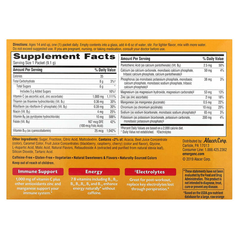 Emergen-C, Vitamin C, Flavored Fizzy Drink Mix, Raspberry, 1,000 mg, 30 Packets, 0.32 oz (9.1 g) Each