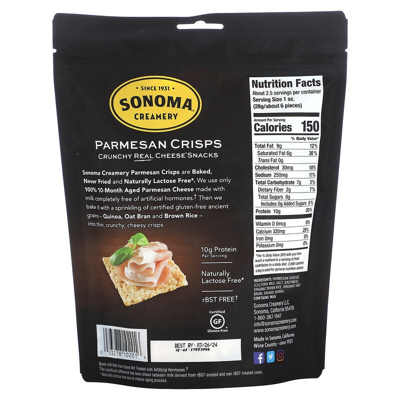 Sonoma Creamery, Parmesan Crisps, Parmesan, 2.25 oz (64 g)