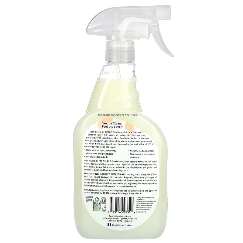 Earth Friendly Products, Ecos, Furniture Polish +  Cleaner, Orange, 22 fl oz (650 ml)