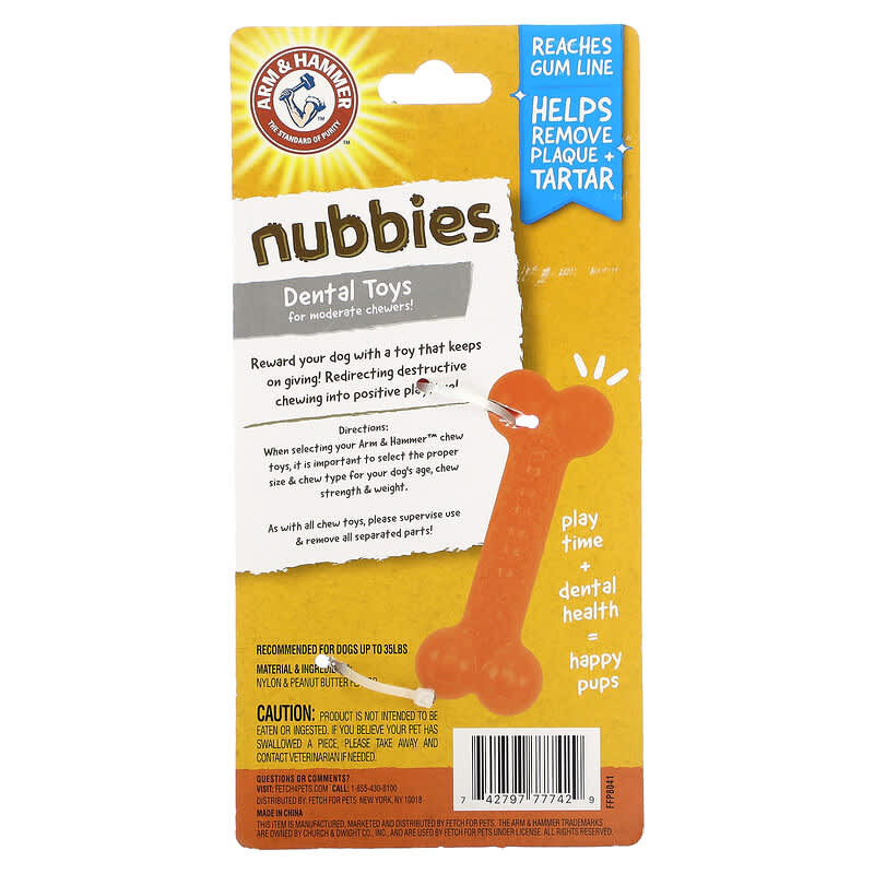 Arm & Hammer, Nubbies, Dental Dog Toys for Moderate Chewers, Classic Bone, Peanut Butter, 1 Toy