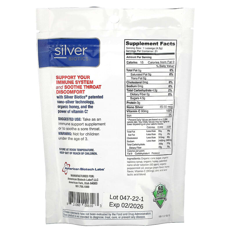 American Biotech Labs, Silver Biotics, Silver Lozenges with Vitamin C, Orange Splash, 21 Lozenges, 3 oz (85 g)