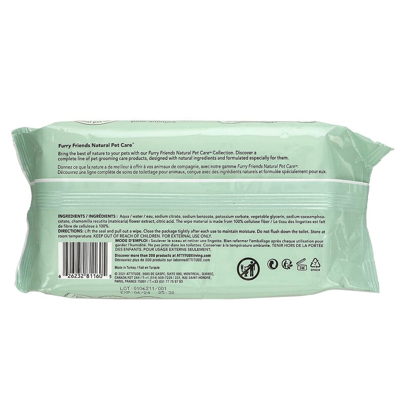 ATTITUDE, Pet Grooming Wipes, Unscented, 72 Wipes