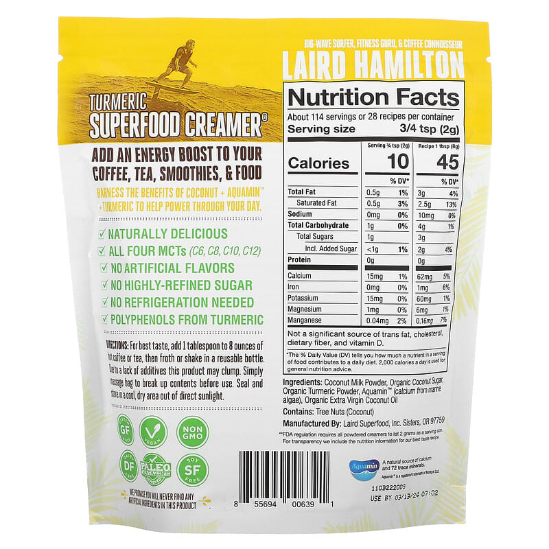 Laird Superfood, Superfood Creamer, Turmeric, 8 oz (227 g)