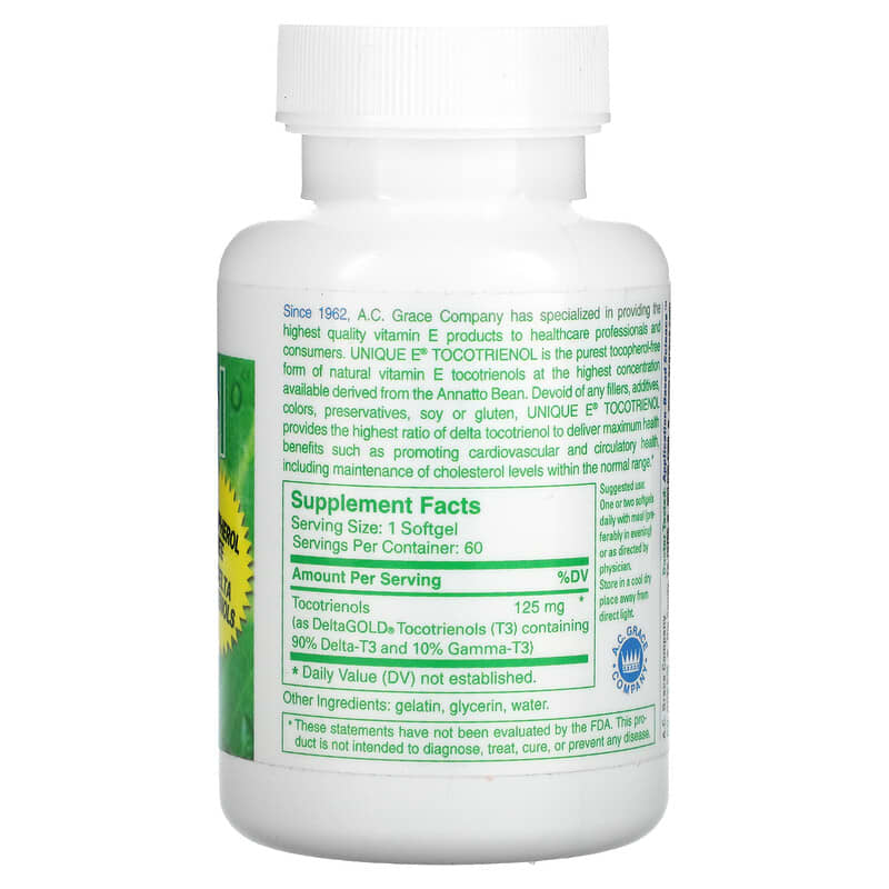 A.C. Grace Company, Unique E Tocotrienol, Tocopherol-Free, 60 Softgels