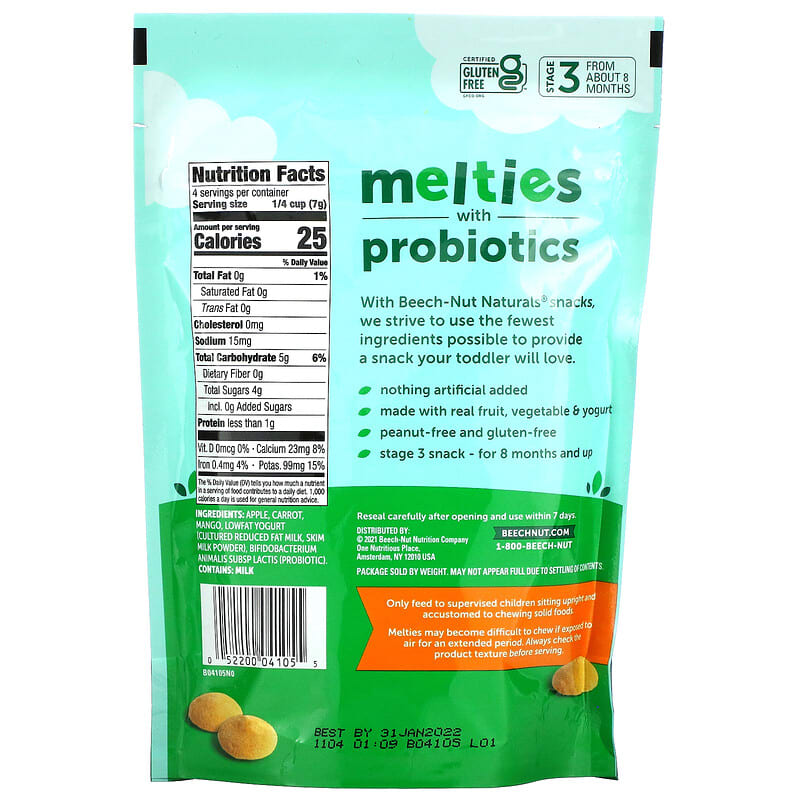 Beech-Nut, Naturals, Melties with Probiotics, 8+ Motnhs, Apple, Carrot, Mango & Yogurt, 1 oz (28 g)