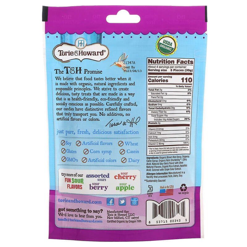 Torie & Howard, Sour Chewie Fruities, Organic Candy Chews, Sour Berry, 4 oz (113.40 g)