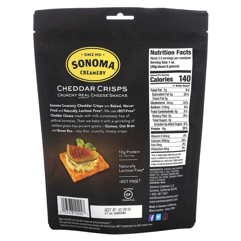 Sonoma Creamery, Cheddar Crisps, Cheddar, 2.25 oz (64 g)