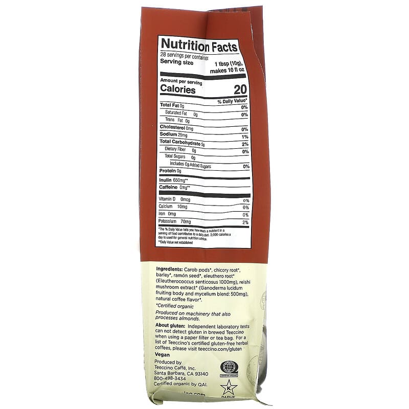 Teeccino, Mushroom Herbal Coffee, Reishi Eleuthero, Dark Roast, Caffeine Free, 10 oz (284 g)