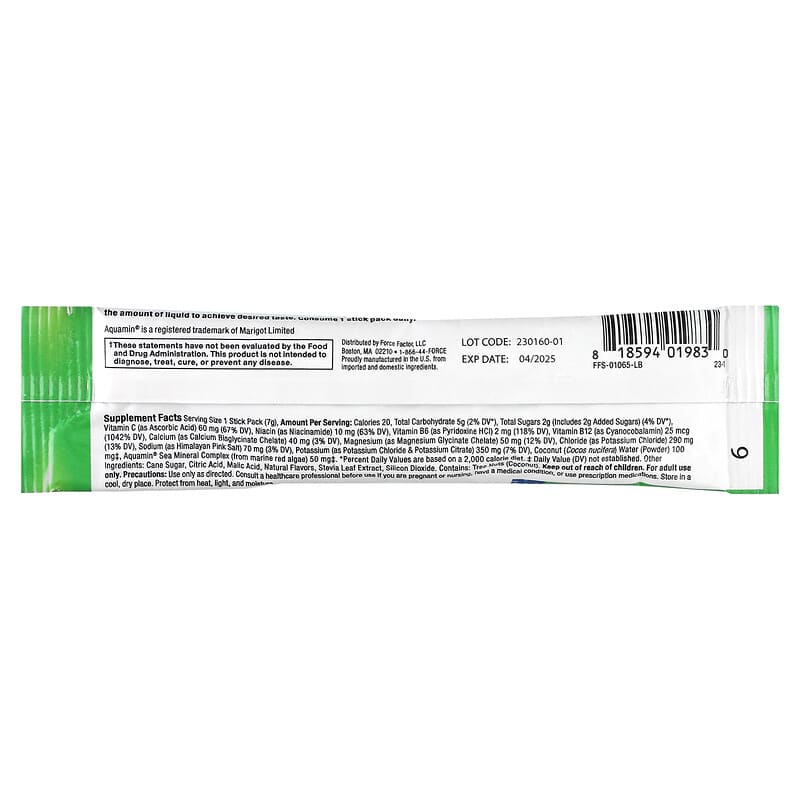 Force Factor, Liquid Labs, Rapid Hydration Electrolyte Drink Mix, Lemon-Lime, 1 Stick, 0.25 oz (7 g)