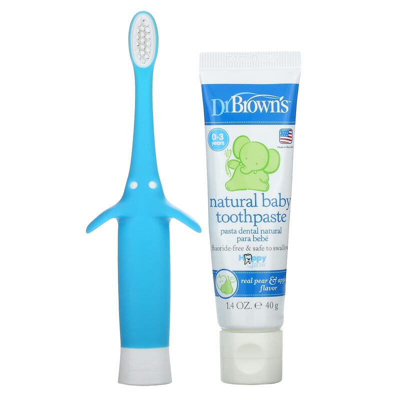 Dr. Brown's, Infant to Toddler Toothbrush Set, 0-3 Years, Blue, Real Pear & Apple Flavor, 2 Piece Set