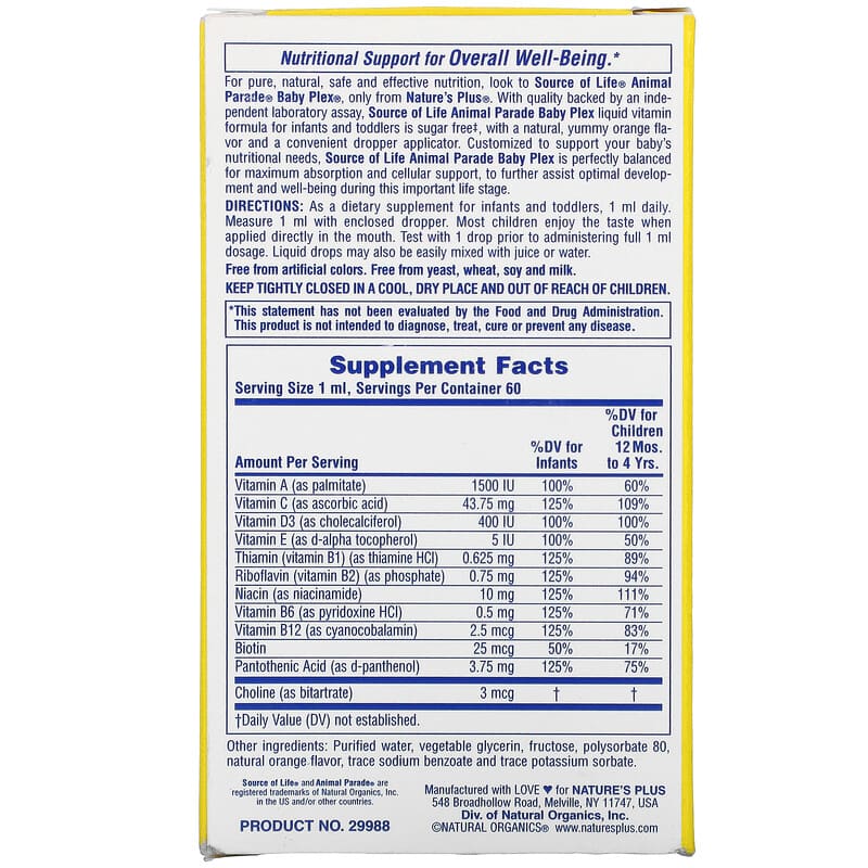 NaturesPlus, Source of Life, Animal Parade, Baby Plex, Sugar Free Multivitamin Liquid Drops, Natural Orange Flavor, 2 fl oz (60 ml)