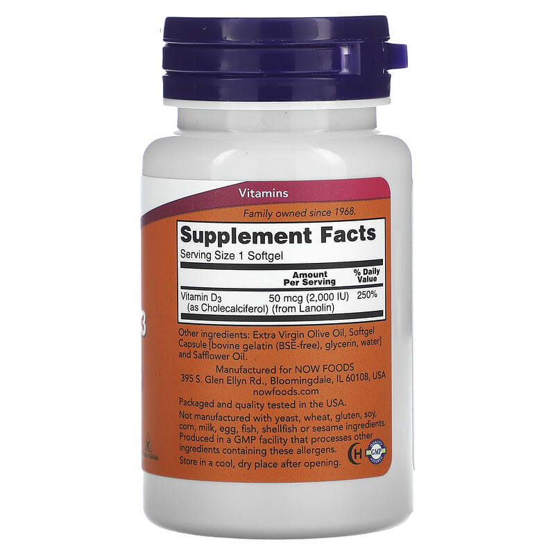 NOW Foods, Vitamin D-3, High Potency, 50 mcg (2,000 IU), 120 Softgels