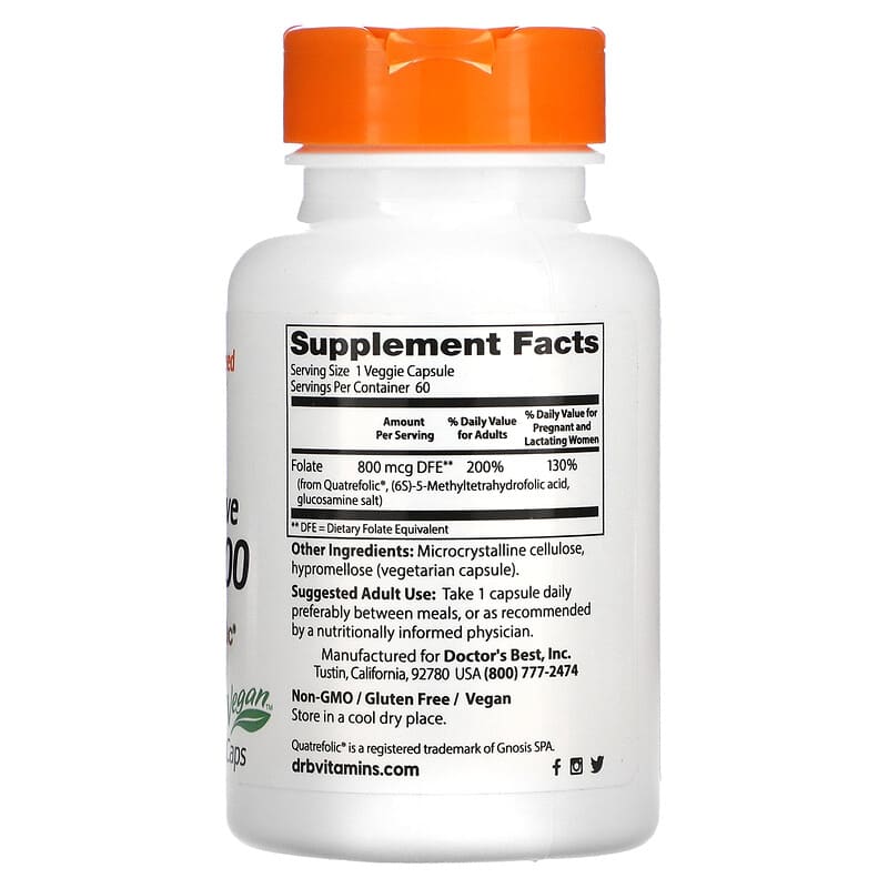 Doctor's Best, Fully Active Folate 800 with Quatrefolic, 800 mcg, 60 Veggie Caps