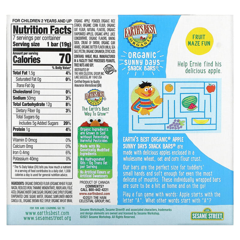 Earth's Best, Organic, Sunny Days Snack Bars, 2 Years and Up, Apple, 7 Bars, 0.67 oz (19 g) Each