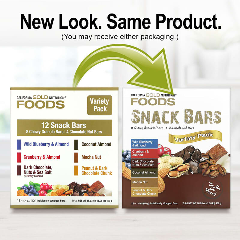 California Gold Nutrition, FOODS, Variety Pack Snack Bars, 12 Bars, 1.4 oz (40 g) Each