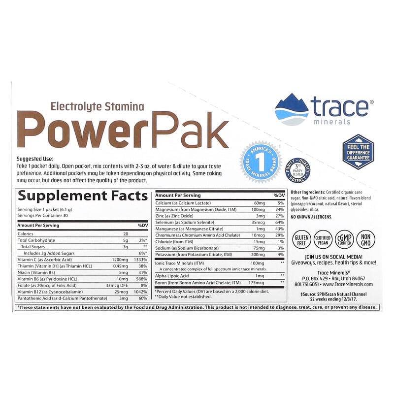 Trace Minerals ®, Electrolyte Stamina PowerPak, Pineapple Coconut, 30 Packets, 0.22 oz (6.1 g) Each