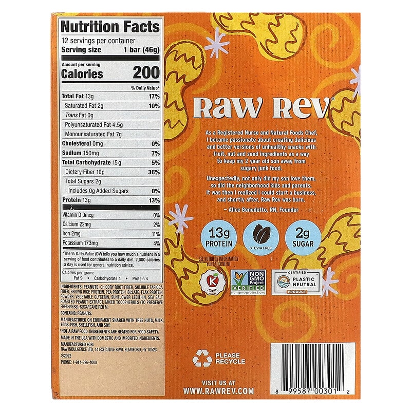 Raw Rev, Plant-Based Protein Bar, Creamy Peanut Butter & Sea Salt, 12 Bars, 1.6 oz (46 g) Each