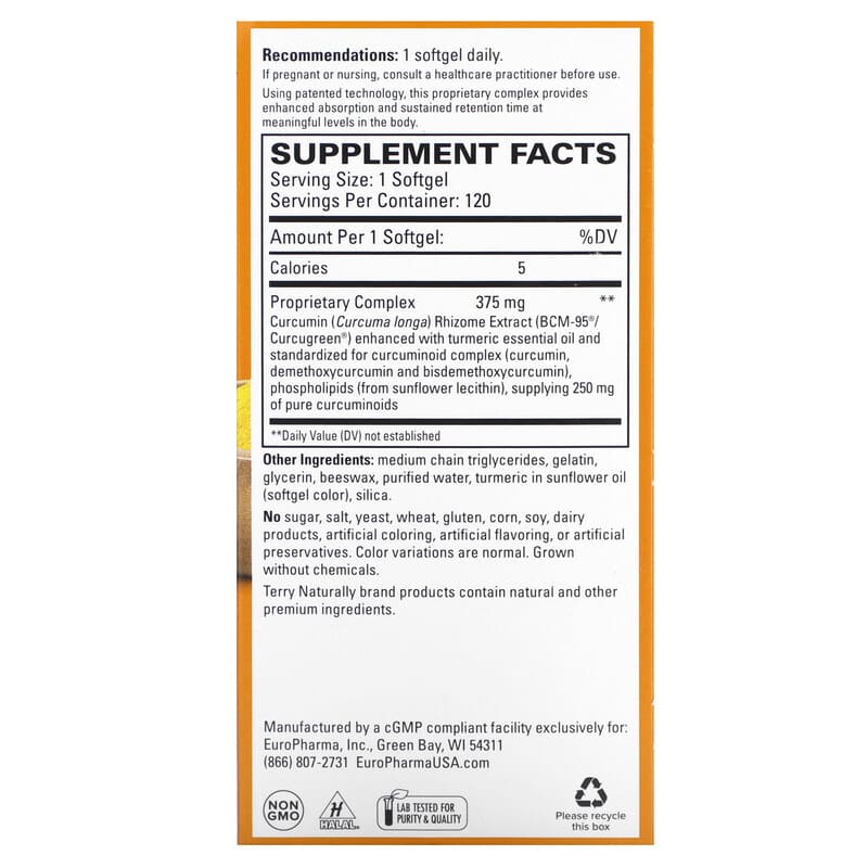 Terry Naturally, CuraMed, Superior Absorption Curcumin, 375 mg, 120 Softgels