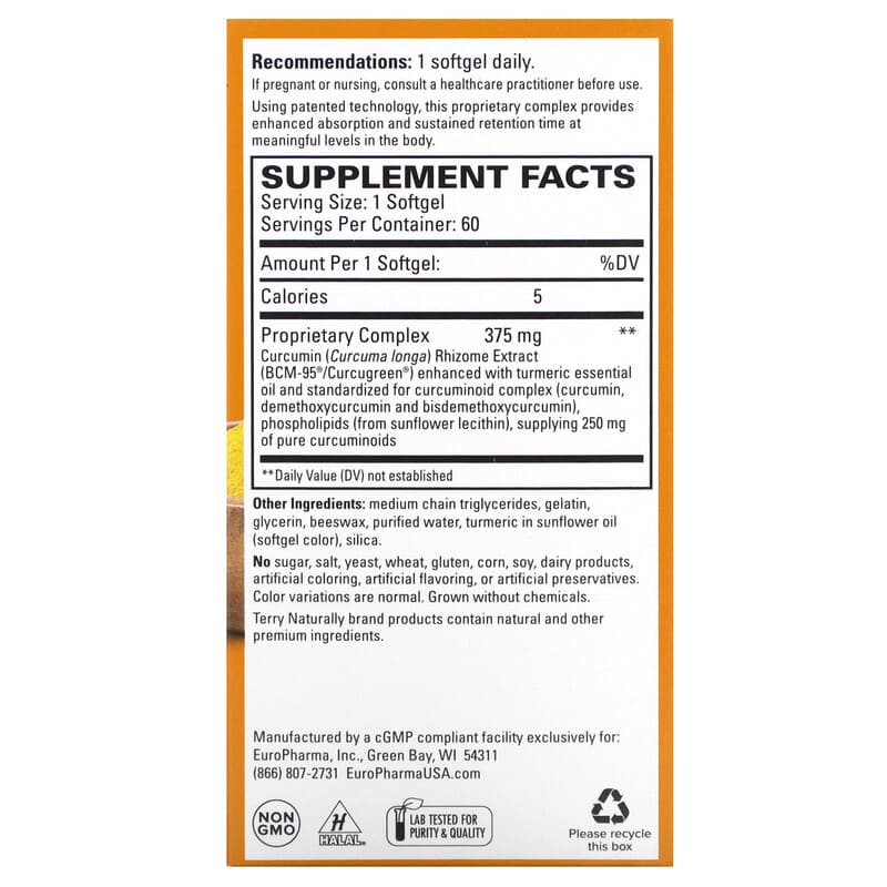 Terry Naturally, CuraMed, Superior Absorption Curcumin, 375 mg, 60 Softgels