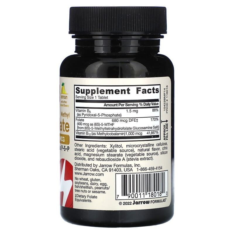 Jarrow Formulas, Vegan Methyl B-12 & Methyl Folate, Extra Strength, Lemon, 100 Chewable Tablets