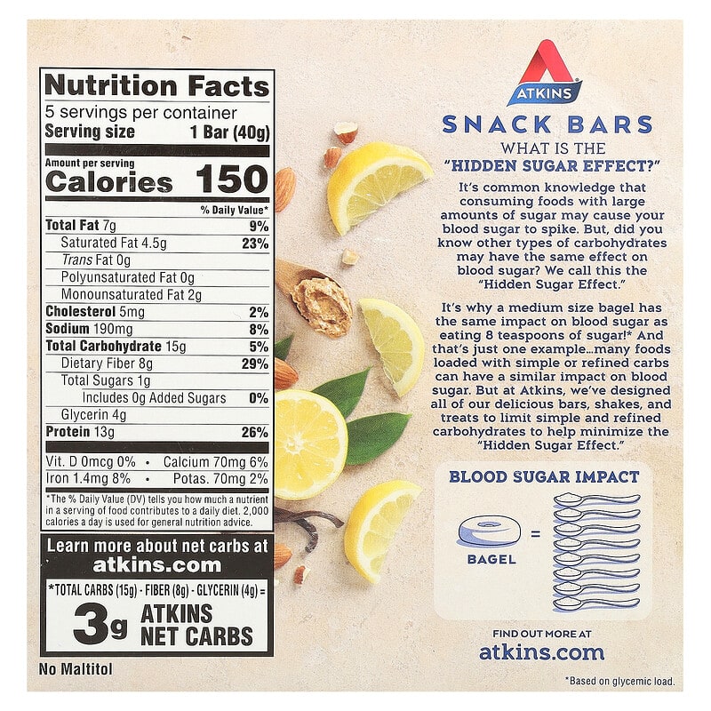 Atkins, Snack, Lemon Bar, 5 Bars, 1.41 oz (40 g) Each