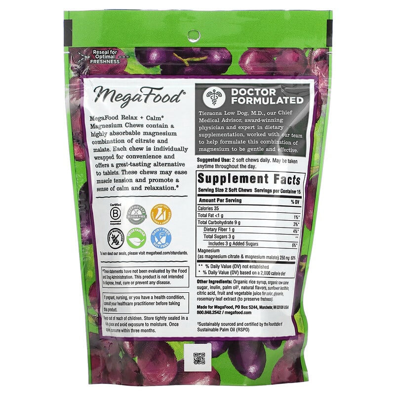 MegaFood, Relax + Calm Magnesium Soft Chews, Grape, 30 Individually Wrapped Soft Chews