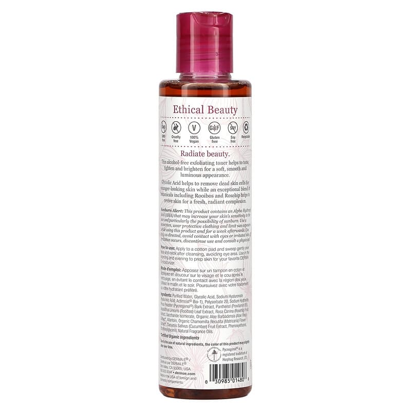 DERMA E, Essentials, Radiance Toner, Glycolic Acid & Rooibos , 6 fl oz (175 ml)