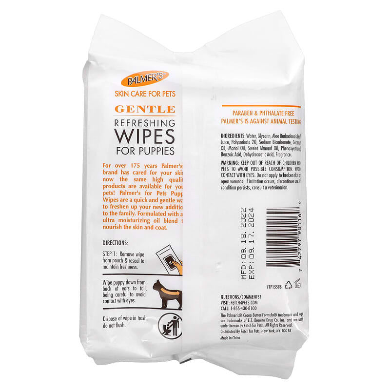 Palmer's for Pets, Coconut Oil Formula with Vitamin E, Refreshing Wipes For Puppies, Gentle, 100 Wipes