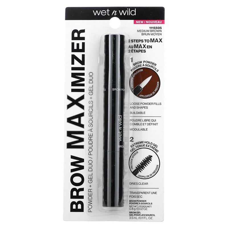 wet n wild, Brow Maximizer, Powder + Gel Duo, Medium Brown, Powder - 0.02 oz (0.8 g), Gel - 0.11 fl oz (3.5 ml)