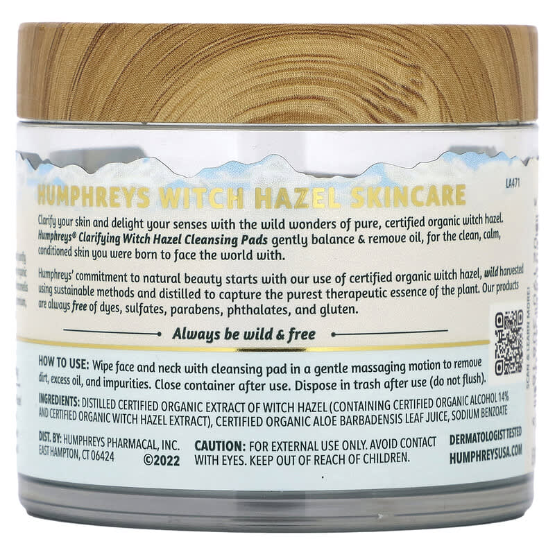 Humphreys, Witch Hazel, Clarifying Cleansing Pads, Fragrance Free, 60 Biodegradable Pads