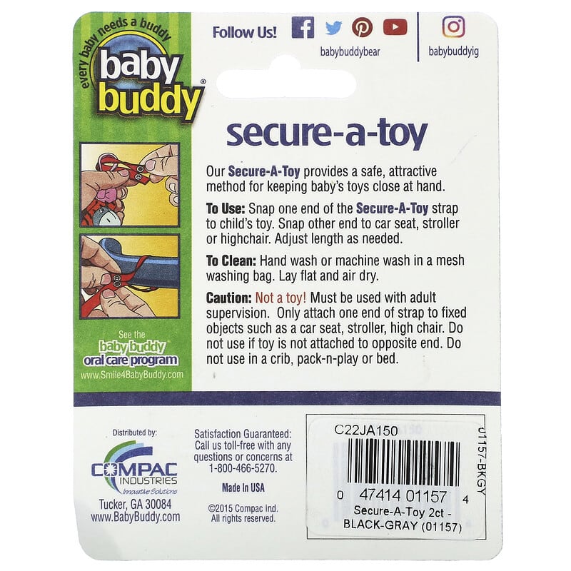 Baby Buddy, Secure-A-Toy, 4+ Months, Black and Gray, 2 Straps