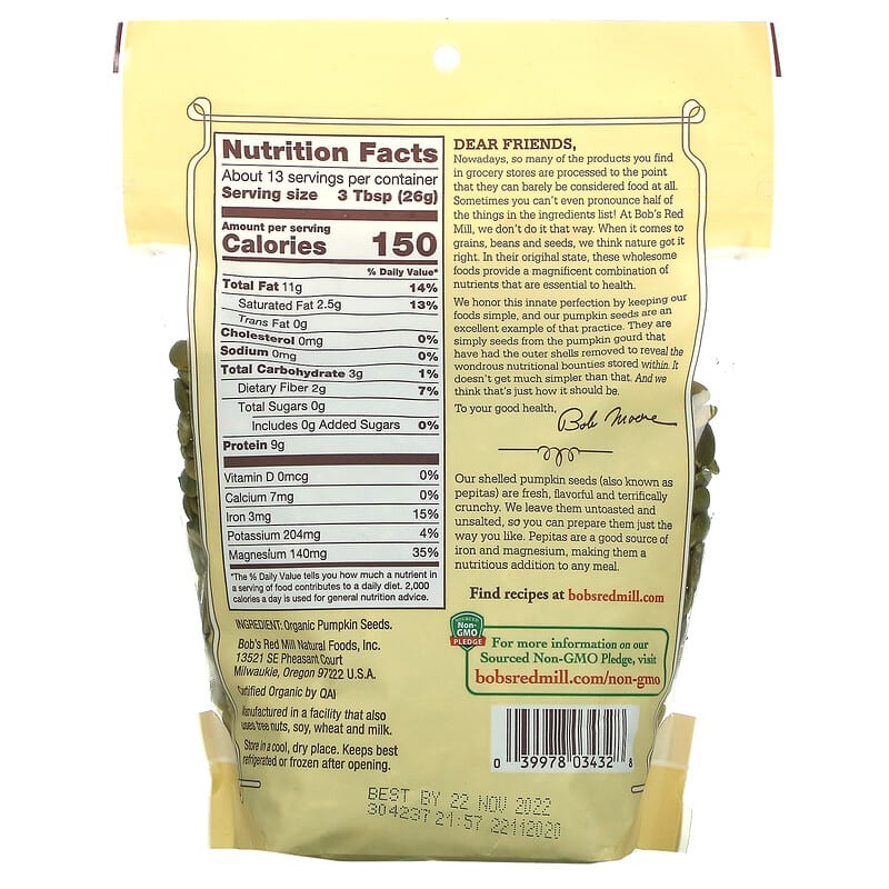 Bob's Red Mill, Organic Premium Shelled Pepitas, Pumpkin Seeds, 12 oz (340 g)