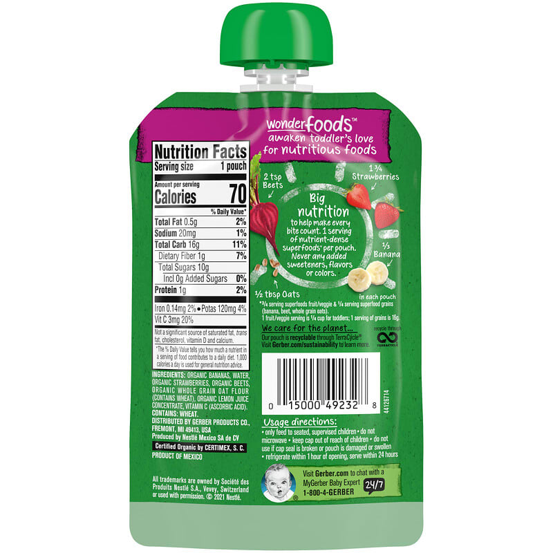 Gerber, Organic for Toddler, Wonder Foods, 12+ Months, Banana Strawberry Beet Oatmeal, 3.5 oz (99 g)