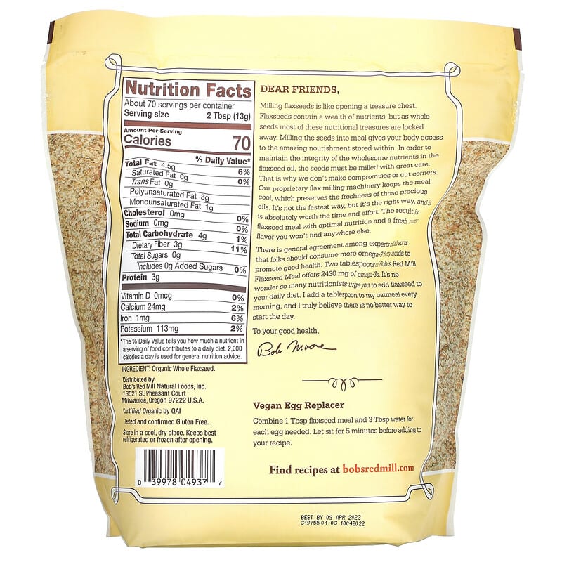 Bob's Red Mill, Organic Flaxseed Meal, Whole Ground, 32 oz (907 g)