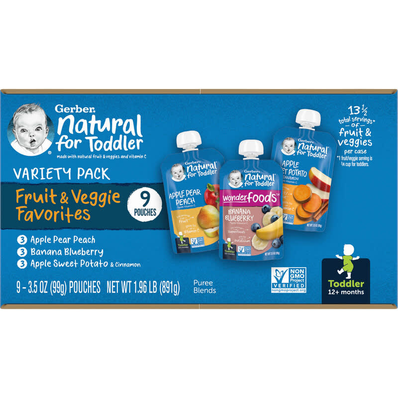 Gerber, Natural for Toddler, Variety Pack, 12+ Months,  Fruit & Veggie Favorites, 9 Pouches, 3.5 oz (99 g) Each