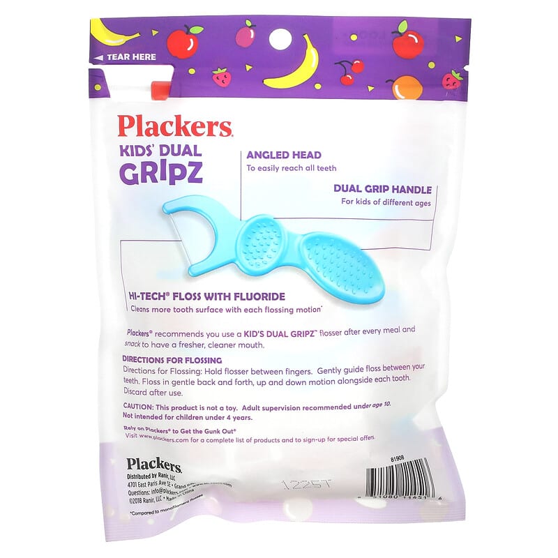 Plackers, Kid's Dual Gripz, Dental Flossers with Fluoride, Fruit Smoothie Swirl, 75 Count