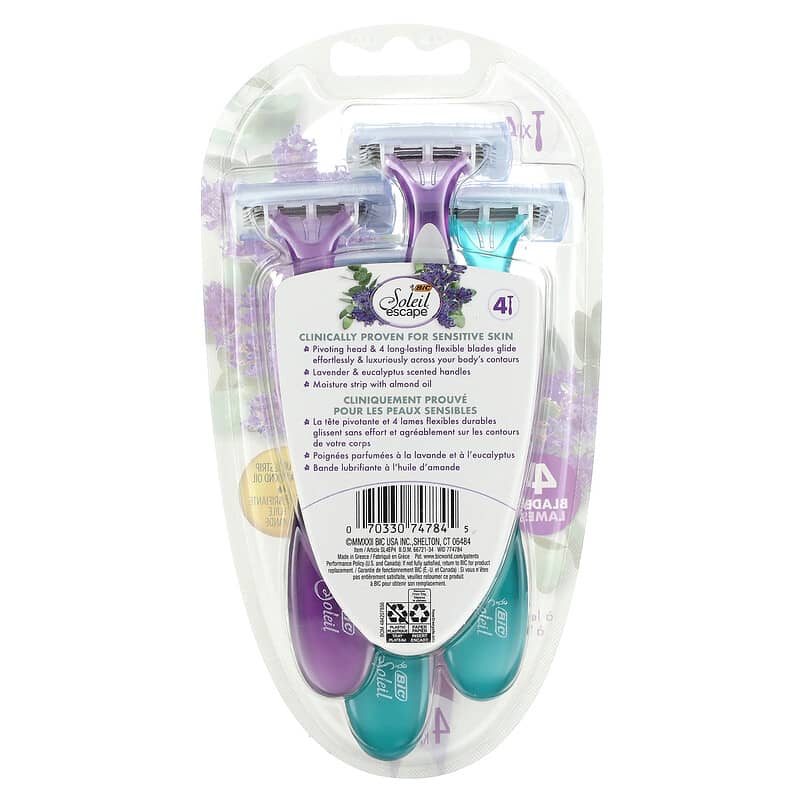 BIC, Soleil Escape, Women's Disposable Razors, Lavender & Eucalyptus, 4 Razors