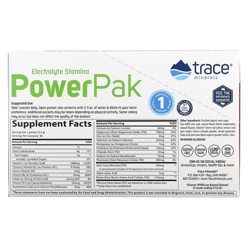 Trace Minerals ®, Electrolyte Stamina PowerPak, Watermelon, 30 Packets, 0.19 oz (5.5 g) Each