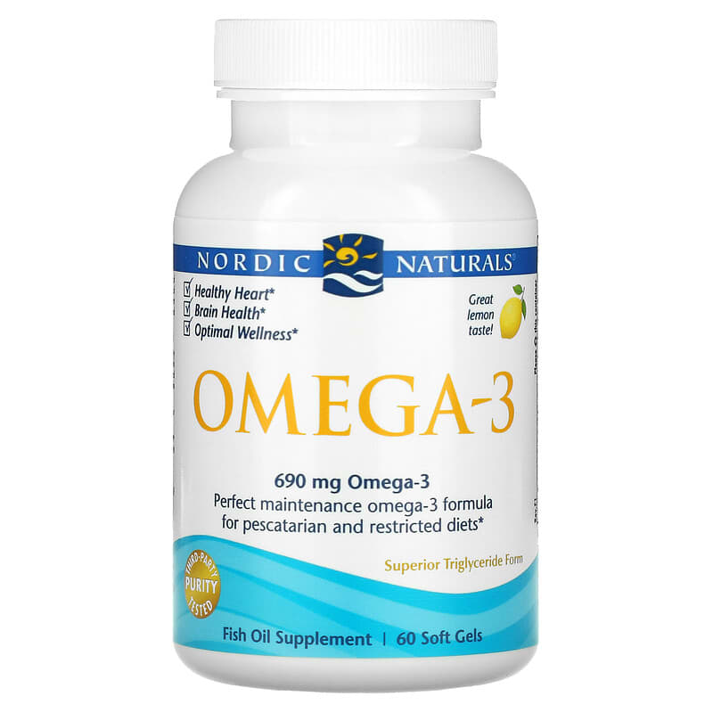 Nordic Naturals, Omega-3, Lemon, 345 mg, 60 Fish Gelatin Soft Gels