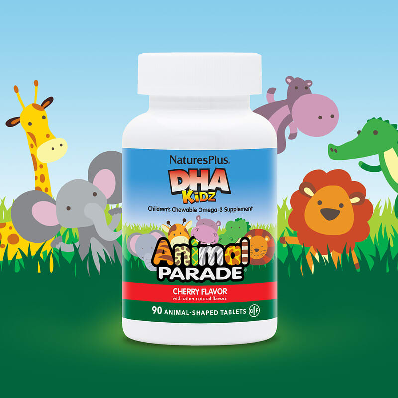 NaturesPlus, Animal Parade, DHA Kids, Children's Chewable Omega-3 Supplement, Cherry, 90 Animal-Shaped Tablets