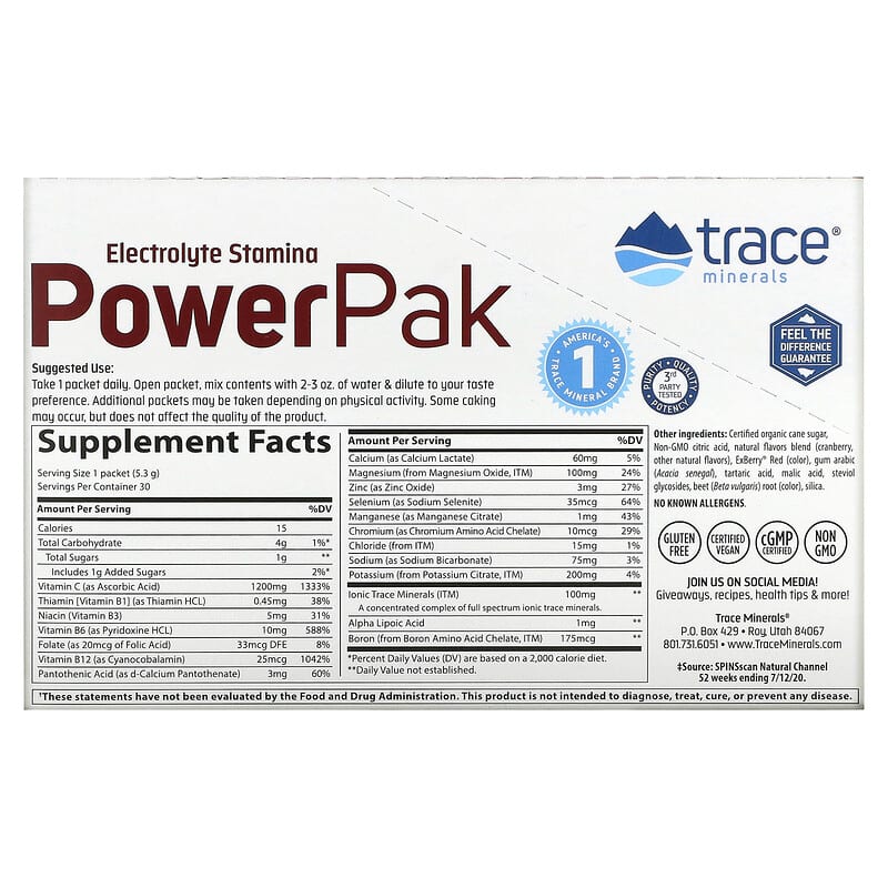 Trace Minerals ®, Electrolyte Stamina PowerPak, Cranberry, 30 Packets, 0.19 oz (5.3 g) Each