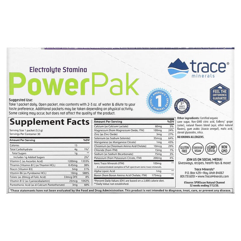 Trace Minerals ®, Electrolyte Stamina PowerPak, Acai Berry, 30 Packets, 0.18 oz (5.2 g) Each