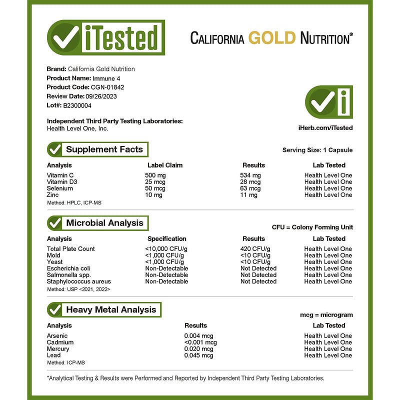 California Gold Nutrition, Immune 4, Immune System Support, 60 Veggie Capsules