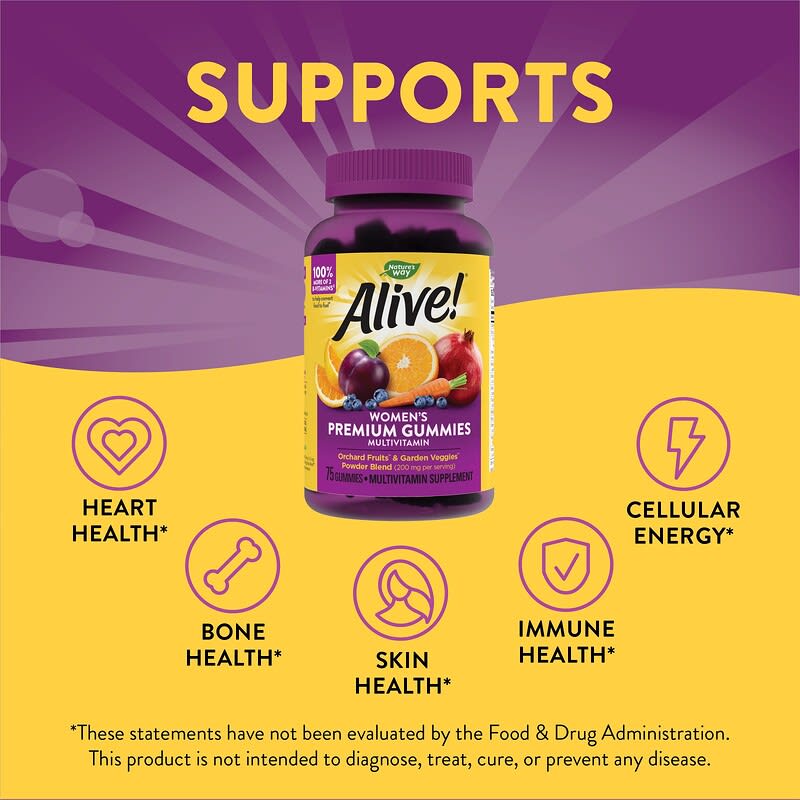 Nature's Way, Alive! Women's Premium Gummies, Multivitamin, Grape, Cherry & Blueberry Acai, 75 Gummies