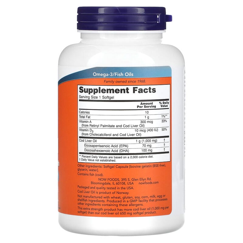 NOW Foods, Cod Liver Oil, 1,000 mg, 180 Softgels