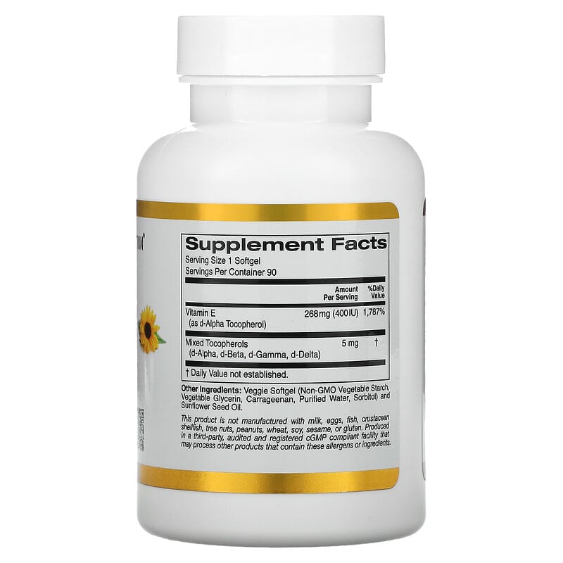 California Gold Nutrition, Sunflower Vitamin E, with Mixed Tocopherols, 400 IU, 90 Veggie Softgels